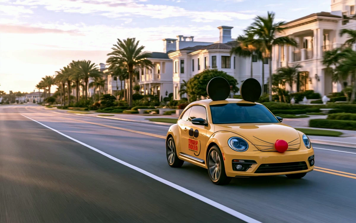 Automóvil amarillo con orejas de ratón de Truly Nolen al atardecer