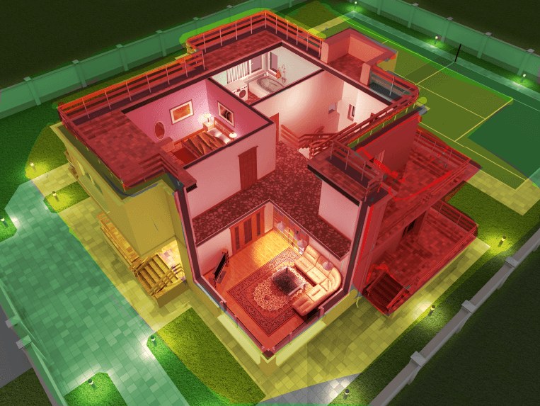 Diagrama oficial de TNI: vista de una vivienda con zonas exterior verde, perímetro amarillo e interior rojo